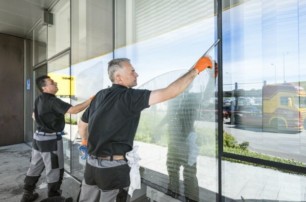 Zwei Arbeiter putzen ein Fenster einer Glasfront mit Fensterabzieher
