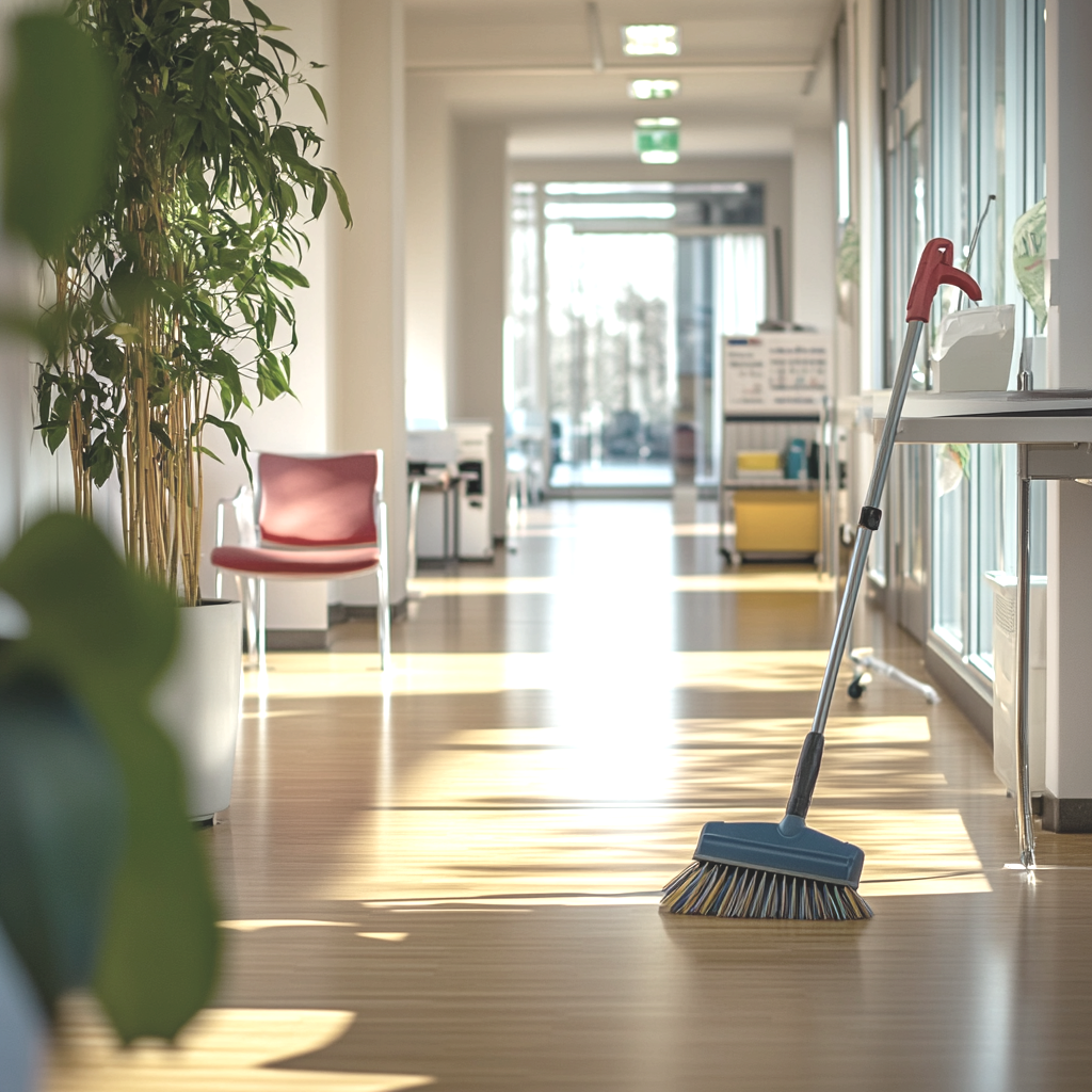 Arztpraxis gang mit Putzutensilien im vordergrund