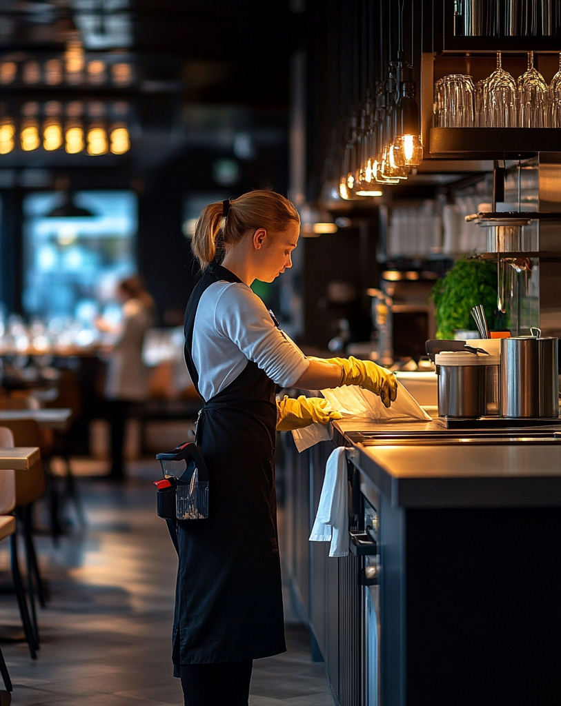 Putzfachkraft am reinigen von Küchenfläche in restaurant